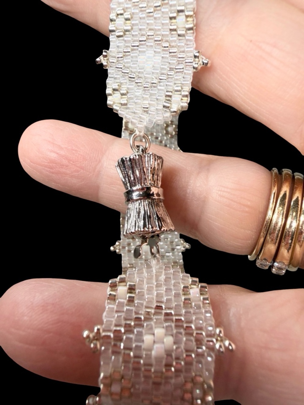 Woven Cream Silver Seed Bead Cuff Bracelet – Bridal Jewelry, Rhodium Clasp - Picture 8 of 11